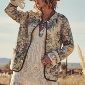 Tapestry Jacket Floral Blanket Coat Size L Ceeam, Green Boho Coastal Unique Vtg
